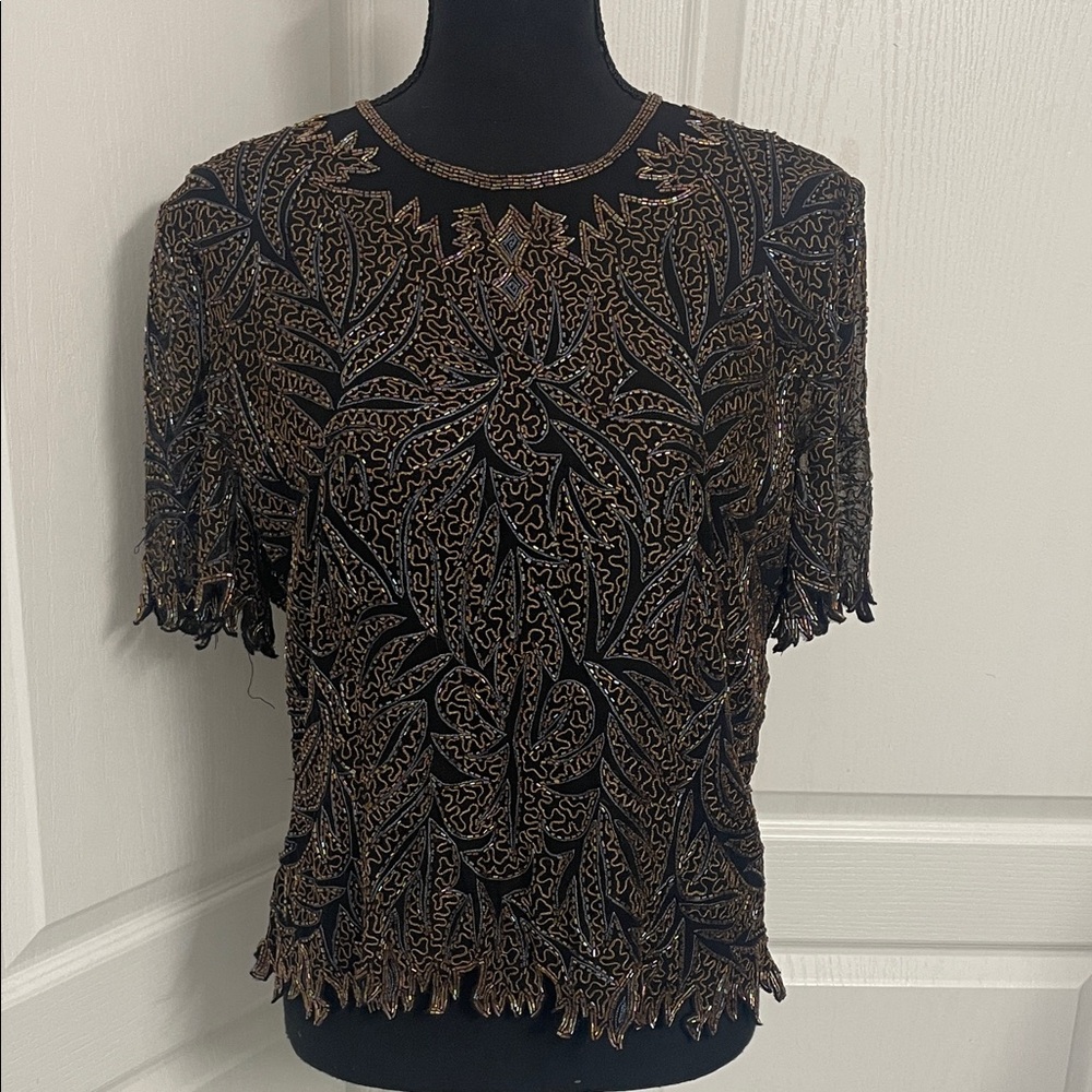 Laurence Kazar beaded silk top size XL fits M/L brown black